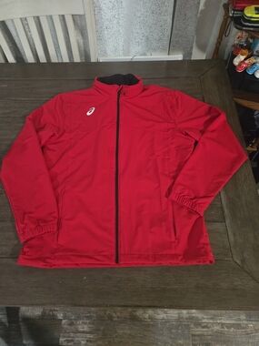 Asics Men's Team Battle Jacket Red Slim Fit Windbreaker Hidden Hood Size  YT3380
